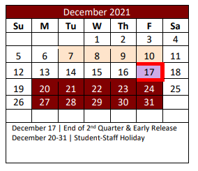 District School Academic Calendar for Denton Co J J A E P for December 2021