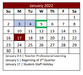 District School Academic Calendar for W R Hatfield Elementary for January 2022