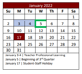 District School Academic Calendar for Denton Co J J A E P for January 2022