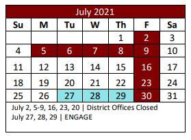 District School Academic Calendar for Denton Co J J A E P for July 2021