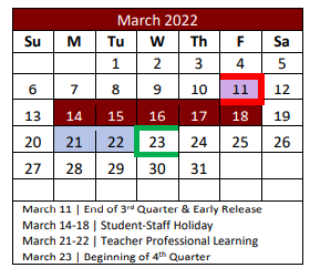 District School Academic Calendar for Denton Co J J A E P for March 2022
