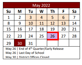 District School Academic Calendar for J Lyndal Hughes Elementary for May 2022
