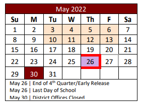 District School Academic Calendar for Lakeview Elementary for May 2022