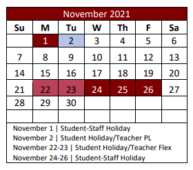 District School Academic Calendar for J Lyndal Hughes Elementary for November 2021