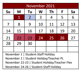 District School Academic Calendar for Denton Co J J A E P for November 2021