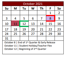 District School Academic Calendar for Justin Elementary for October 2021