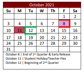 District School Academic Calendar for Sonny & Allegra Nance Elementary for October 2021