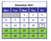 District School Academic Calendar for Wright Elementary School for December 2021