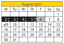 District School Academic Calendar for Wheeler Community Learning Ctr for August 2021