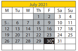 District School Academic Calendar for Wheeler Community Learning Ctr for July 2021