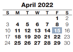 District School Academic Calendar for Jefferson Elementary School for April 2022