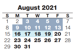 District School Academic Calendar for Parrish Program for August 2021