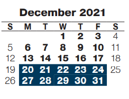 District School Academic Calendar for Early Childhood At Educare for December 2021