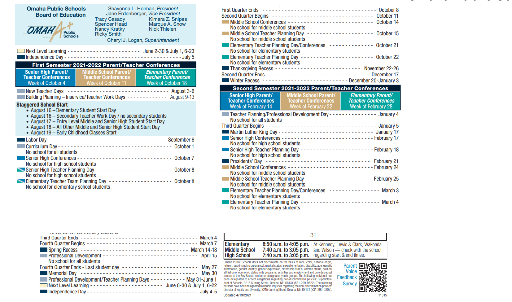 District School Academic Calendar Key for Parrish Program
