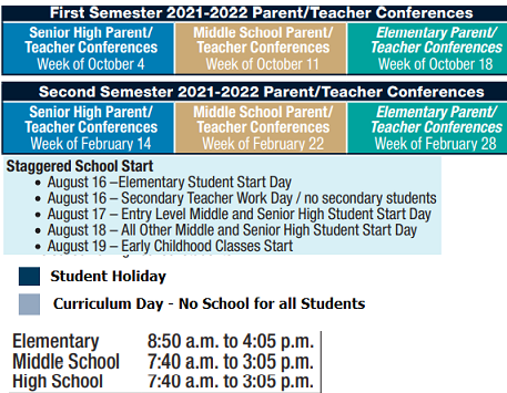 District School Academic Calendar Legend for Parrish Program