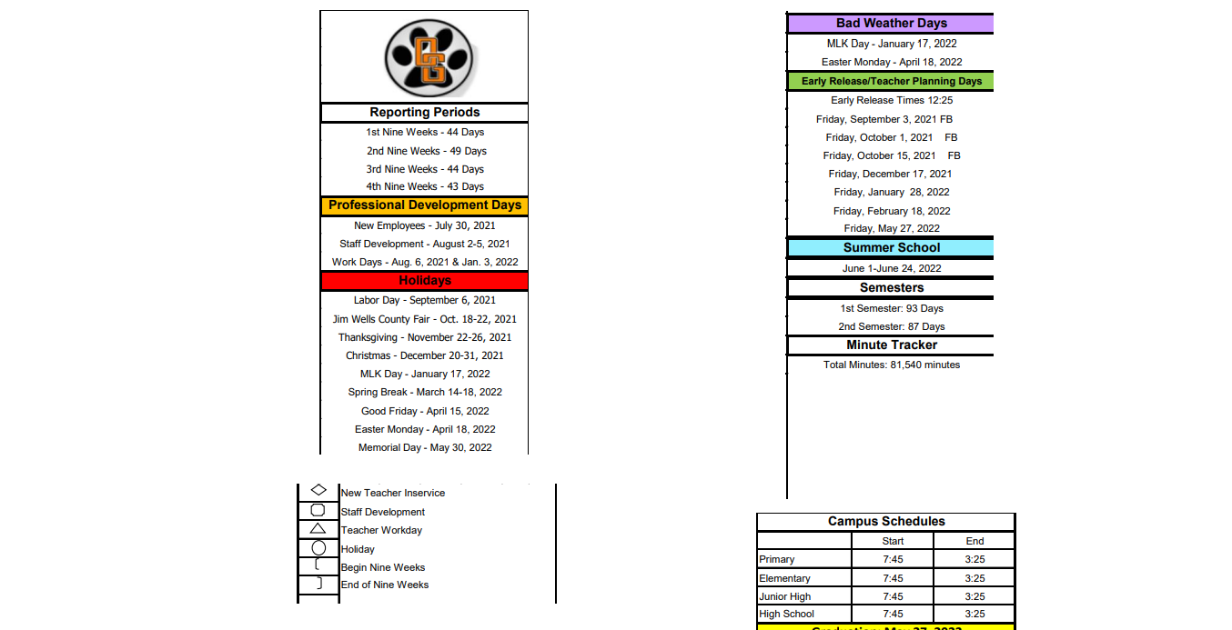 District School Academic Calendar Key for Orange Grove Junior High