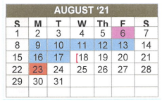 District School Academic Calendar for Ore City Middle for August 2021