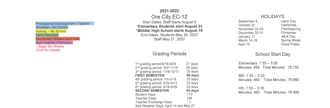 District School Academic Calendar Key for Ore City Elementary