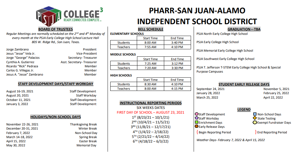 Psja Memorial High School School District Instructional Calendar Pharr San Juan Alamo Isd 2021 2022