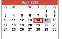 District School Academic Calendar for East Side Intermediate for April 2022