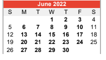 District School Academic Calendar for East Side Intermediate for June 2022