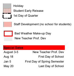 District School Academic Calendar Legend for East Side Intermediate