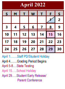 District School Academic Calendar for Southside Primary School for April 2022