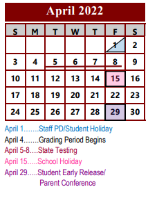 District School Academic Calendar for Story Elementary School for April 2022