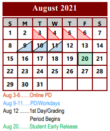 District School Academic Calendar for Palestine Middle School for August 2021
