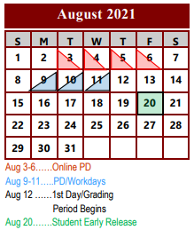 District School Academic Calendar for Story Elementary School for August 2021