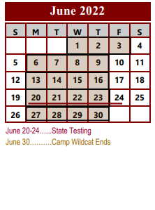 District School Academic Calendar for Palestine Middle School for June 2022