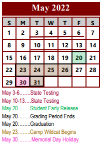 District School Academic Calendar for Palestine Middle School for May 2022
