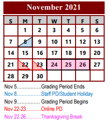 District School Academic Calendar for Northside Early Childhood Center for November 2021