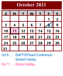 District School Academic Calendar for Northside Early Childhood Center for October 2021