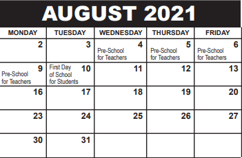District School Academic Calendar for Conniston Middle School for August 2021