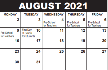 District School Academic Calendar for Jupiter Elementary School for August 2021