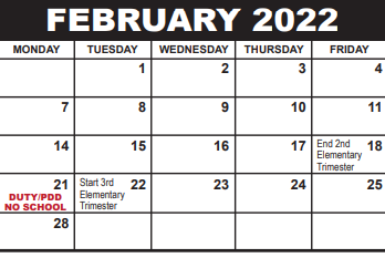 District School Academic Calendar for Potentials South for February 2022