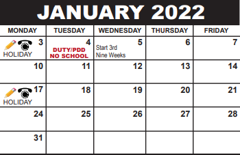 District School Academic Calendar for Alternative Program North for January 2022
