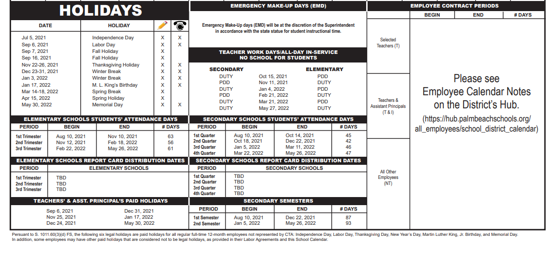 District School Academic Calendar Key for Jupiter Elementary School