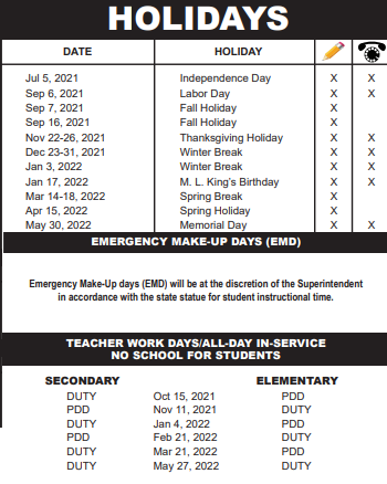 District School Academic Calendar Legend for L C Swain Middle School