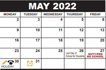 District School Academic Calendar for Watson B. Duncan Middle School for May 2022