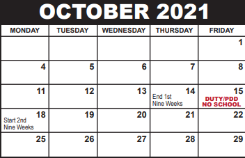 District School Academic Calendar for Oak Grove Academy for October 2021