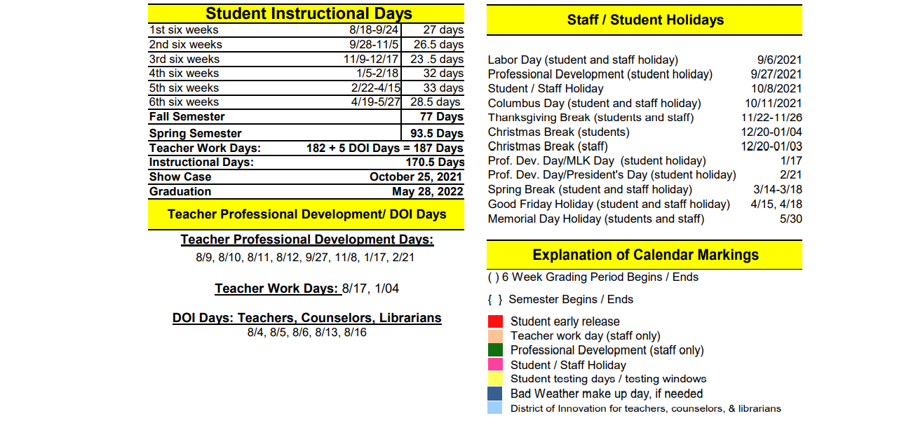 District School Academic Calendar Key for Travis El
