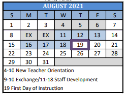 District School Academic Calendar for Travis J H for August 2021