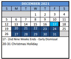 District School Academic Calendar for Special Services for December 2021