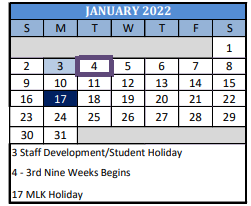 District School Academic Calendar for Justiss El for January 2022