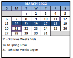 District School Academic Calendar for Special Services for March 2022