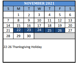 District School Academic Calendar for Travis J H for November 2021