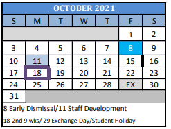 District School Academic Calendar for Special Services for October 2021