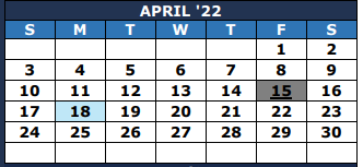 District School Academic Calendar for L F Smith Elementary for April 2022